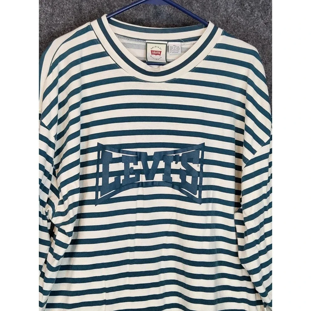 Levis Shirt Mens XL Striped‎ Long Sleeve Green White Batwing Graphic Vintage 90s